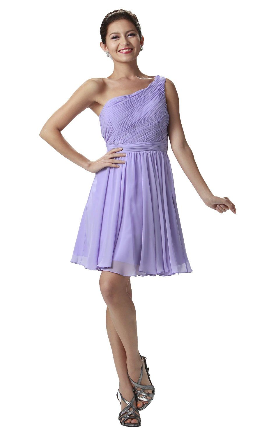Lilac Short One Shoulder Ruched Dress by Poly USA-Short Cocktail Dresses-ABC Fashion