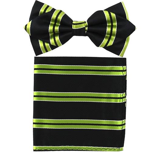Lime Green Striped Bow Tie with Pocket Square (Pointed Tip)-Men's Bow Ties-ABC Fashion