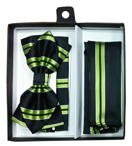 Lime Green Striped Bow Tie with Pocket Square (Pointed Tip)-Men's Bow Ties-ABC Fashion
