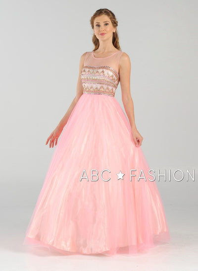 Long A-line Ball Gown with Beaded Illusion Bodice by Poly USA 7726-Long Formal Dresses-ABC Fashion