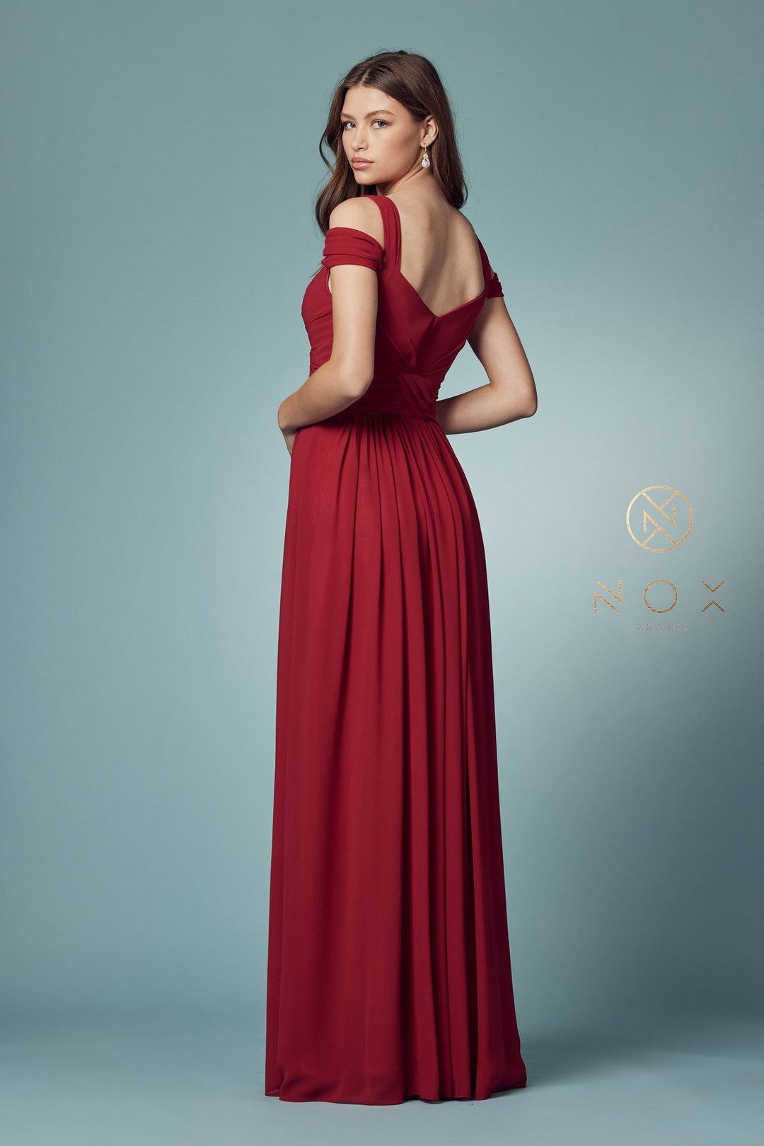 Long A-line Cold Shoulder Dress with Slit by Nox Anabel Y277