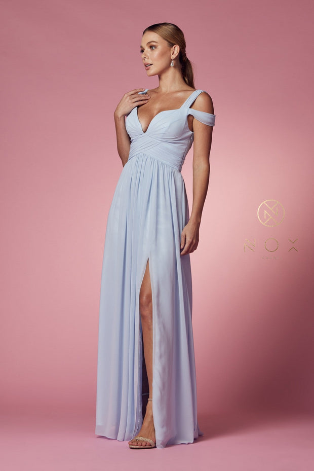 Long A-line Cold Shoulder Dress with Slit by Nox Anabel Y277