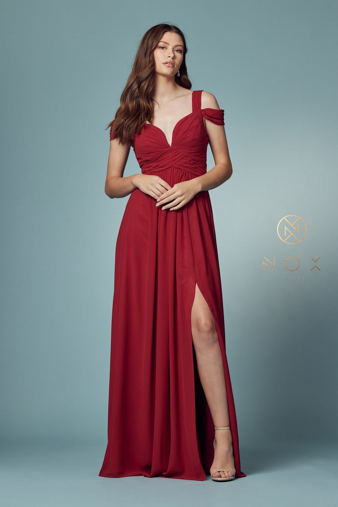 Long A-line Cold Shoulder Dress with Slit by Nox Anabel Y277