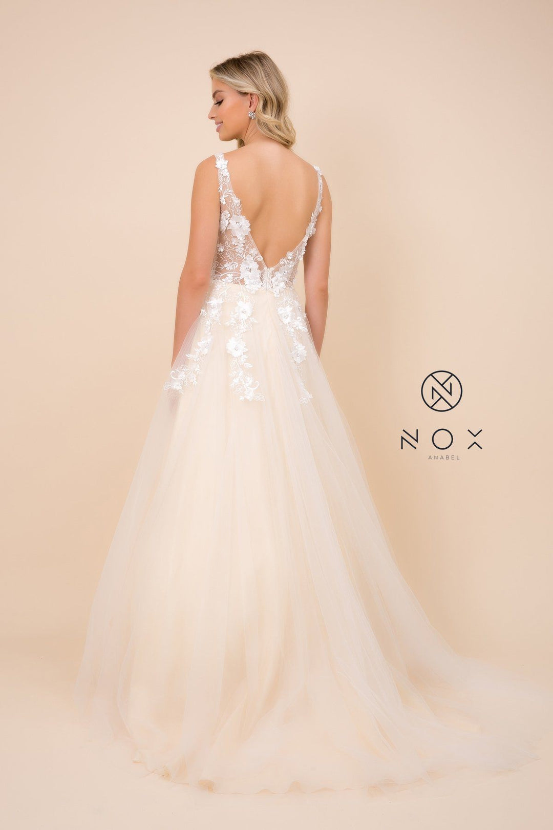 Long A-line Dress with 3D Appliques by Nox Anabel F339