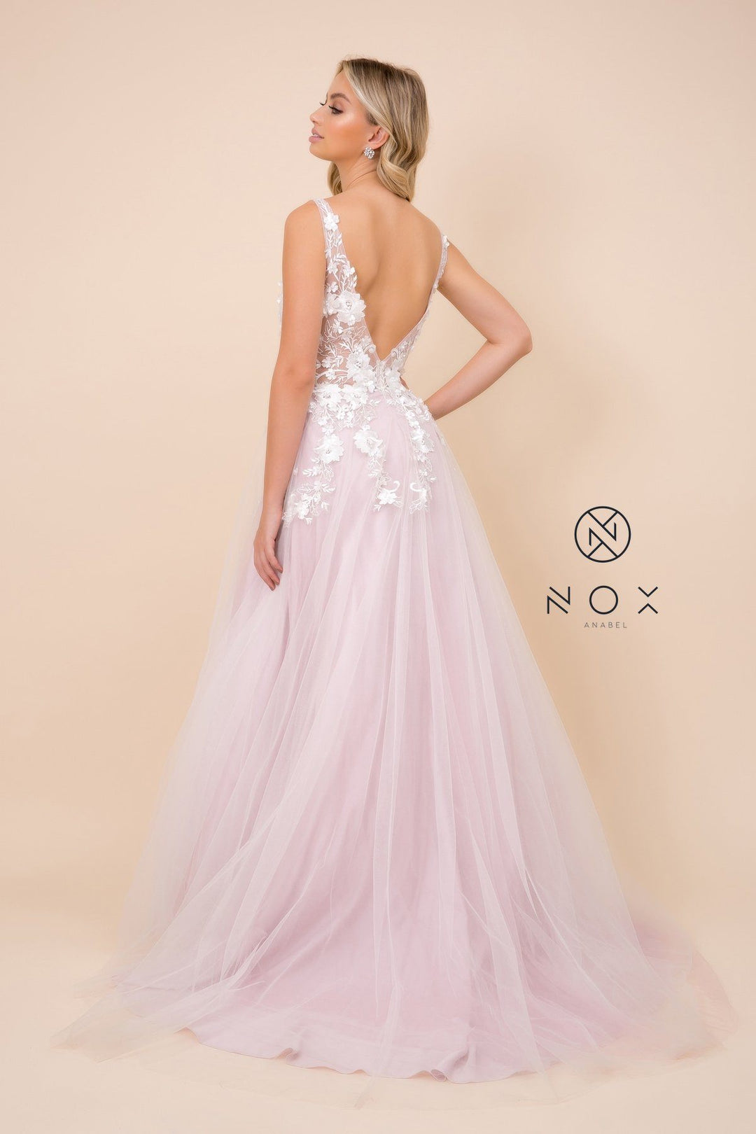 Long A-line Dress with 3D Appliques by Nox Anabel F339