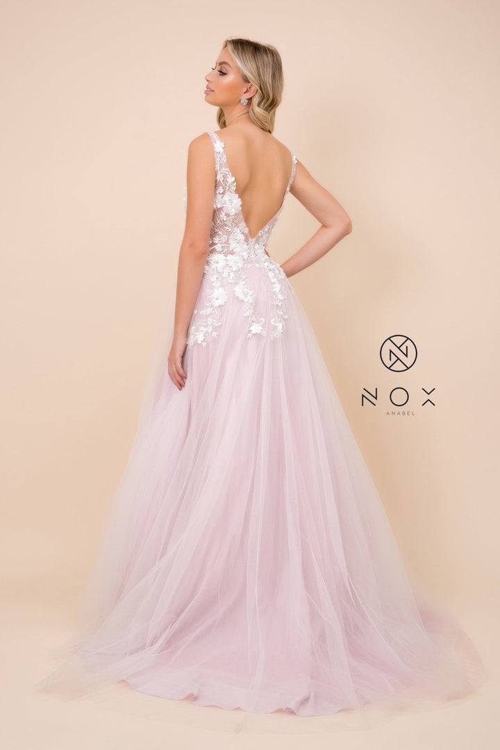 Long A-line Dress with 3D Appliques by Nox Anabel F339
