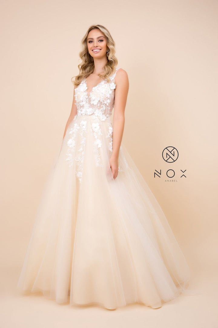 Long A-line Dress with 3D Appliques by Nox Anabel F339
