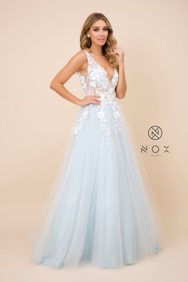 Long A-line Dress with 3D Appliques by Nox Anabel F339