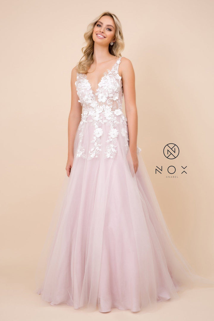 Long A-line Dress with 3D Appliques by Nox Anabel F339