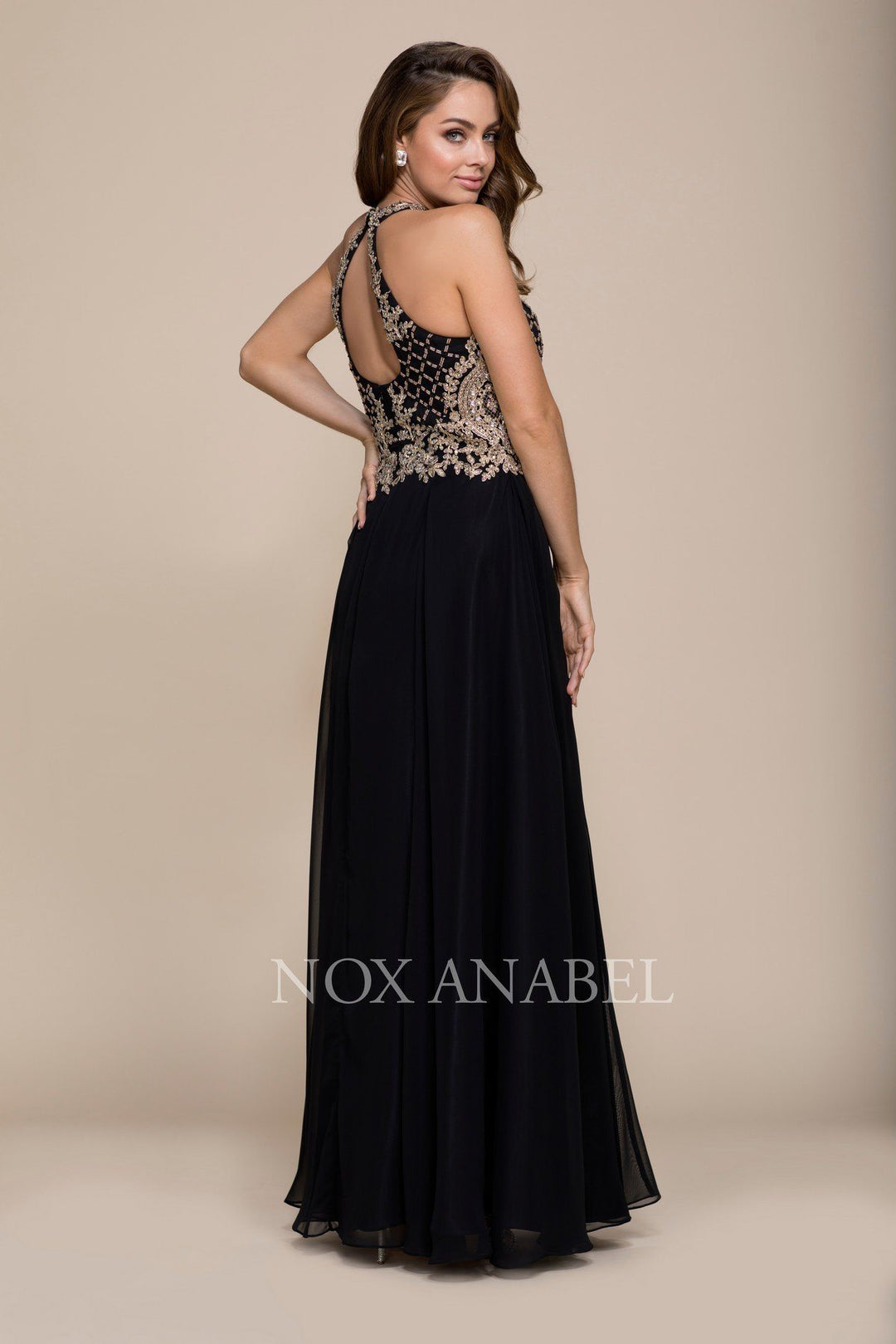 Long A-Line Dress with Beaded Bodice by Nox Anabel 8339-Long Formal Dresses-ABC Fashion