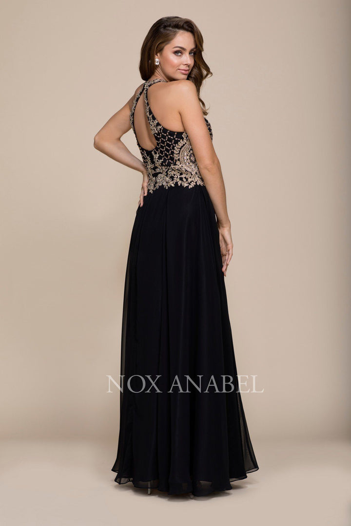 Long A-Line Dress with Beaded Bodice by Nox Anabel 8339-Long Formal Dresses-ABC Fashion