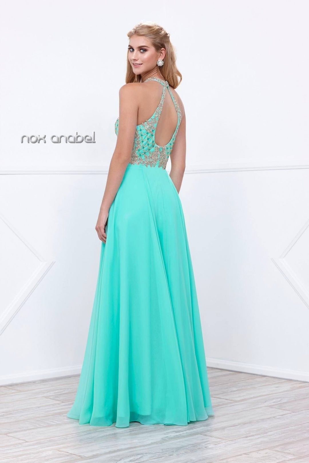 Long A-Line Dress with Beaded Bodice by Nox Anabel 8339-Long Formal Dresses-ABC Fashion