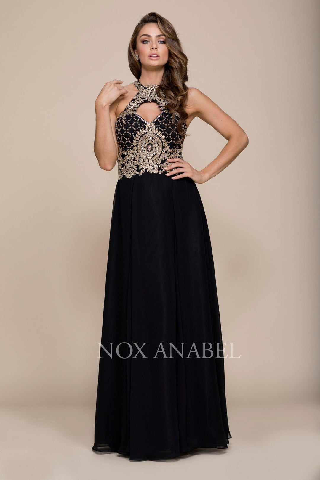 Long A-Line Dress with Beaded Bodice by Nox Anabel 8339-Long Formal Dresses-ABC Fashion
