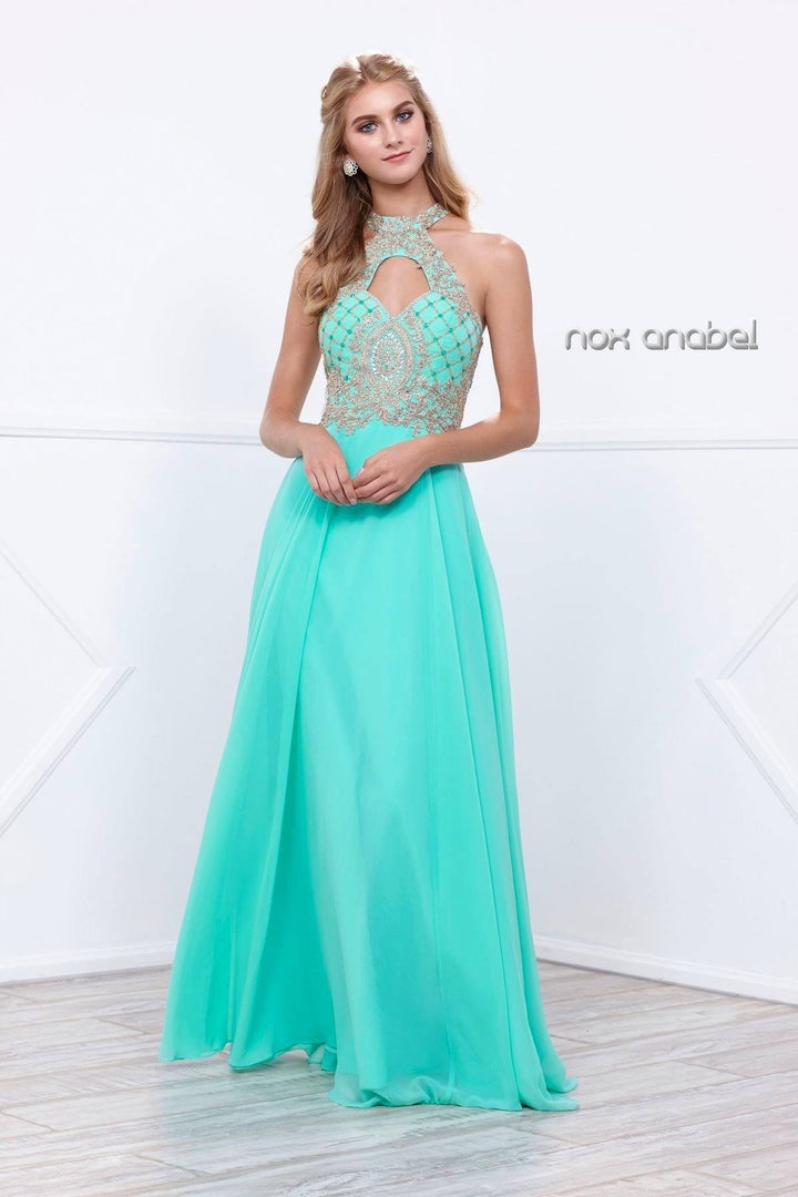 Long A-Line Dress with Beaded Bodice by Nox Anabel 8339-Long Formal Dresses-ABC Fashion