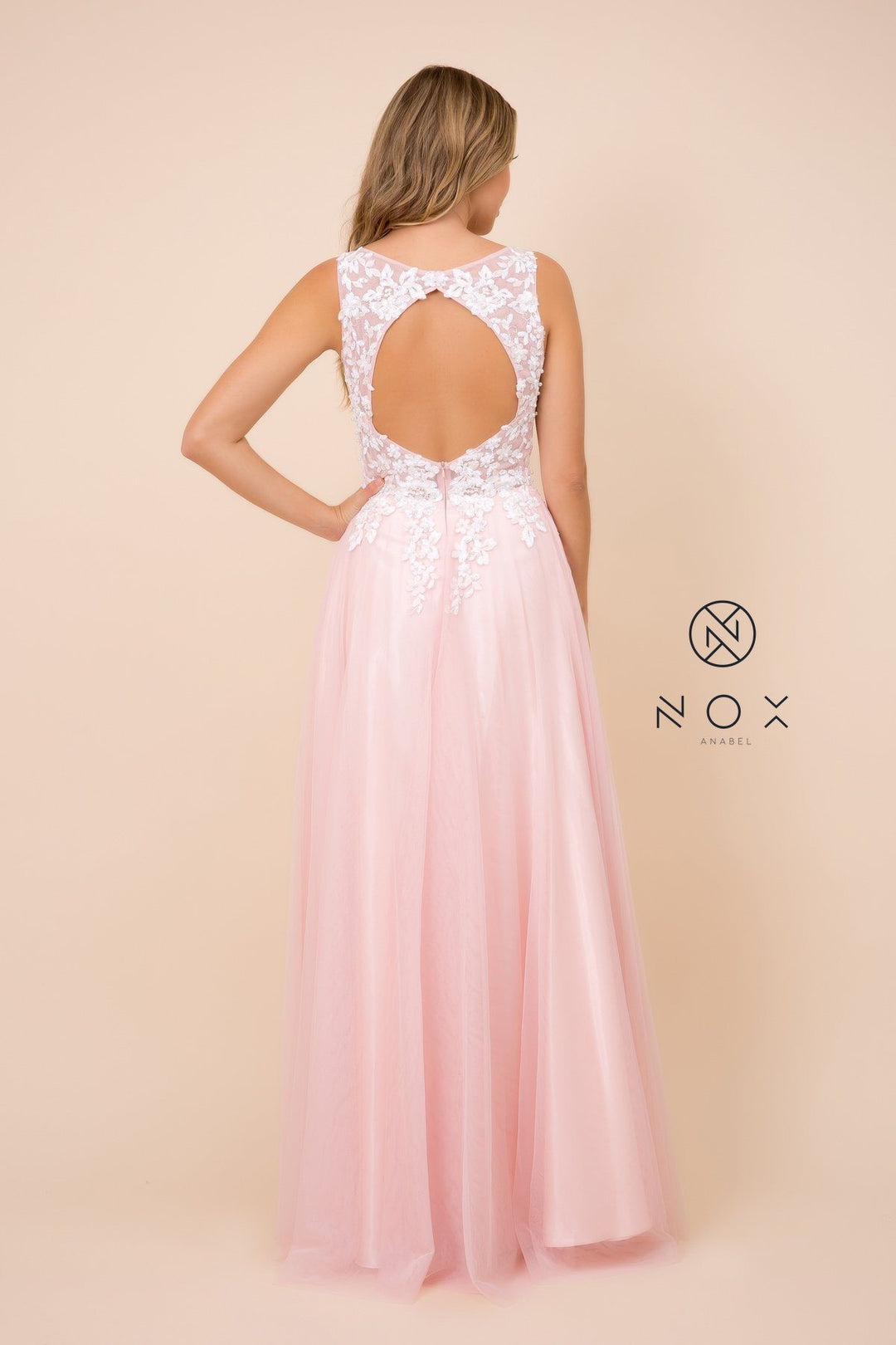 Long A-line Dress with Lace Applique Bodice by Nox Anabel G048