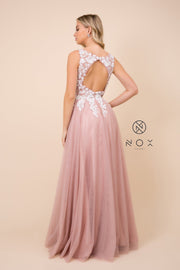 Long A-line Dress with Lace Applique Bodice by Nox Anabel G048