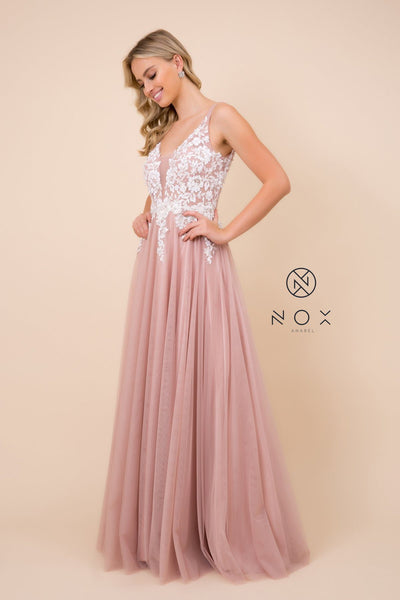 Long A-line Dress with Lace Applique Bodice by Nox Anabel G048