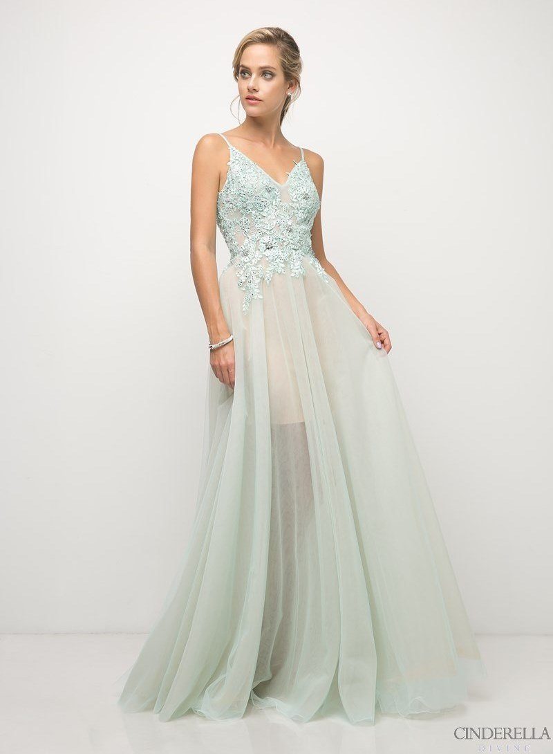 Long A-line Formal Dress with Appliqued Top by Cinderella Divine UW203-Long Formal Dresses-ABC Fashion