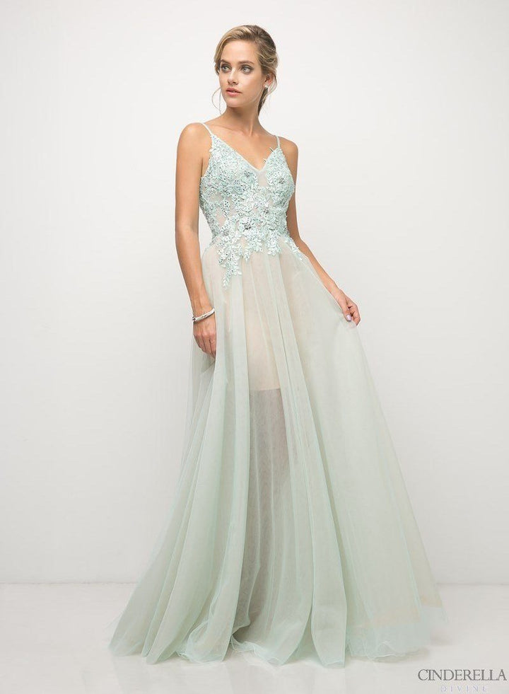 Long A-line Formal Dress with Appliqued Top by Cinderella Divine UW203-Long Formal Dresses-ABC Fashion