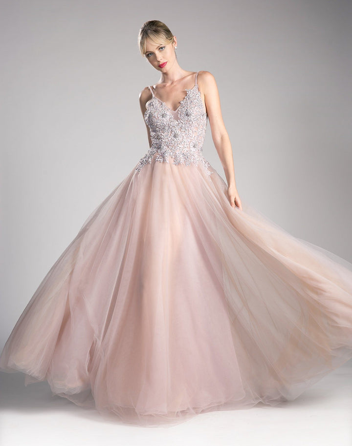 Long A-line Formal Dress with Appliqued Top by Cinderella Divine UW203-Long Formal Dresses-ABC Fashion