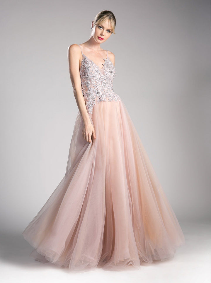 Long A-line Formal Dress with Appliqued Top by Cinderella Divine UW203-Long Formal Dresses-ABC Fashion
