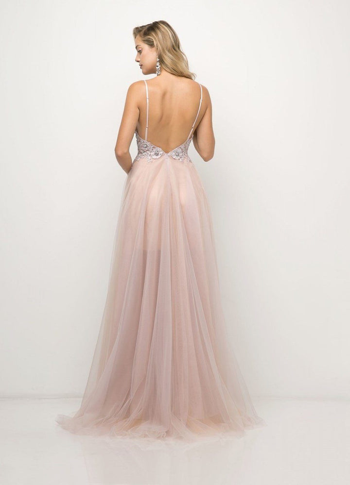 Long A-line Formal Dress with Appliqued Top by Cinderella Divine UW203-Long Formal Dresses-ABC Fashion