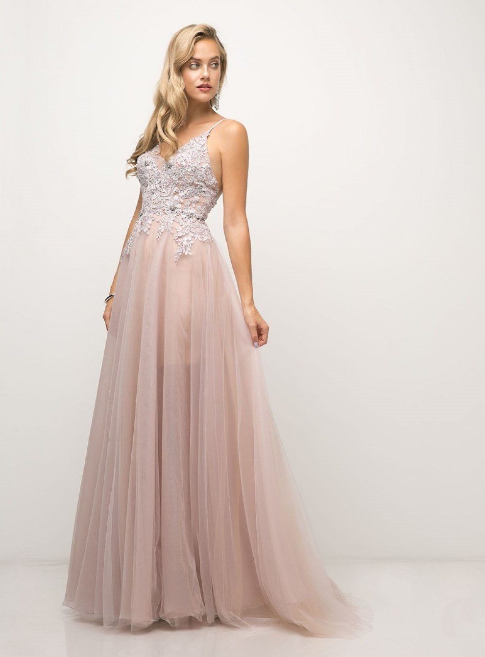 Long A-line Formal Dress with Appliqued Top by Cinderella Divine UW203-Long Formal Dresses-ABC Fashion