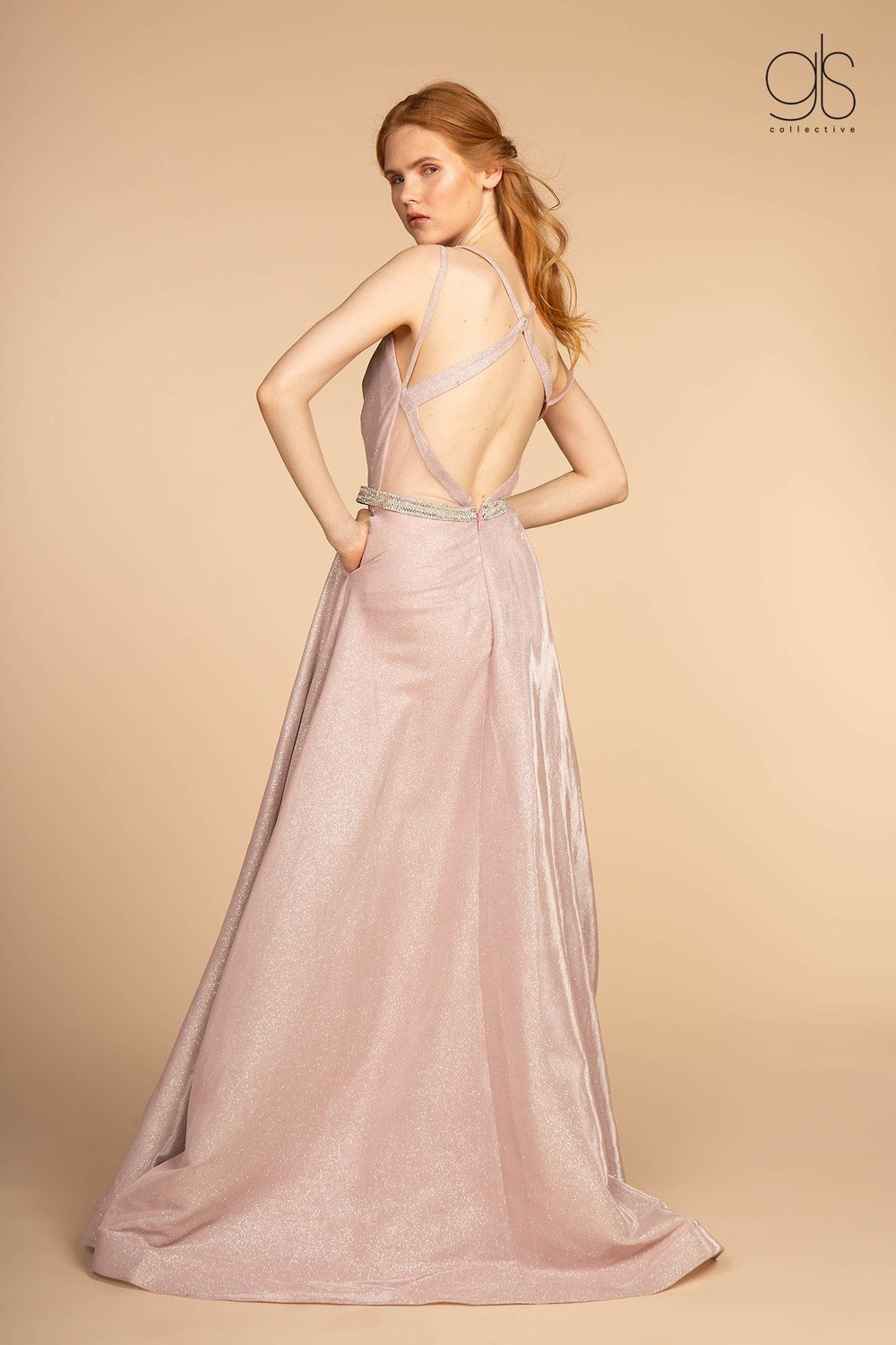 Long A-line Glitter Dress with Jeweled Waistband by Elizabeth K GL2504-Long Formal Dresses-ABC Fashion