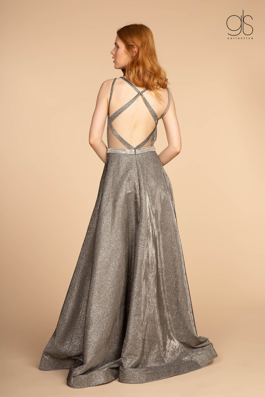 Long A-line Glitter Dress with Jeweled Waistband by Elizabeth K GL2504-Long Formal Dresses-ABC Fashion