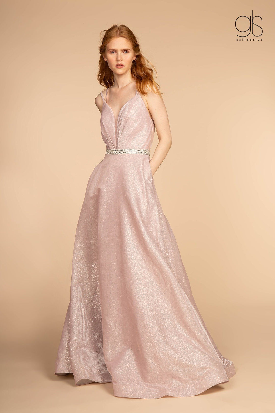 Long A-line Glitter Dress with Jeweled Waistband by Elizabeth K GL2504-Long Formal Dresses-ABC Fashion