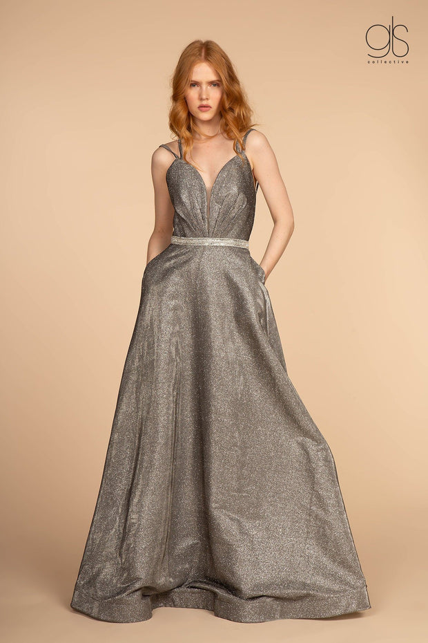 Long A-line Glitter Dress with Jeweled Waistband by Elizabeth K GL2504-Long Formal Dresses-ABC Fashion