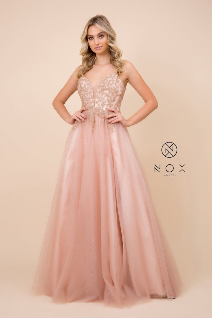 Long A-line Glitter Tulle Dress by Nox Anabel T407