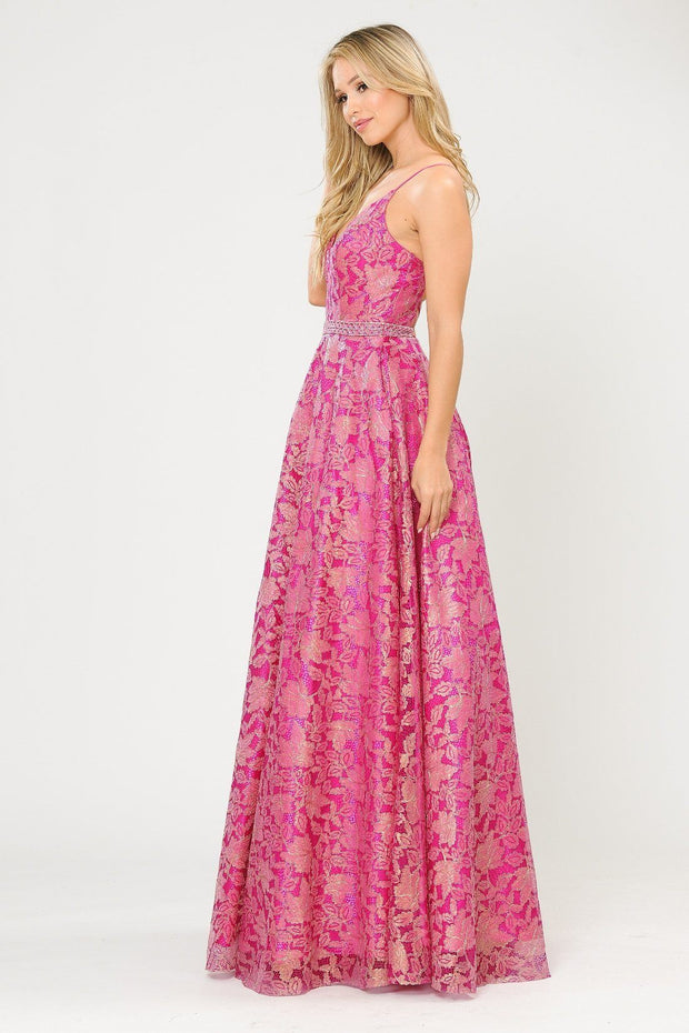 Long A-line Metallic Floral Lace Dress by Poly USA 8562
