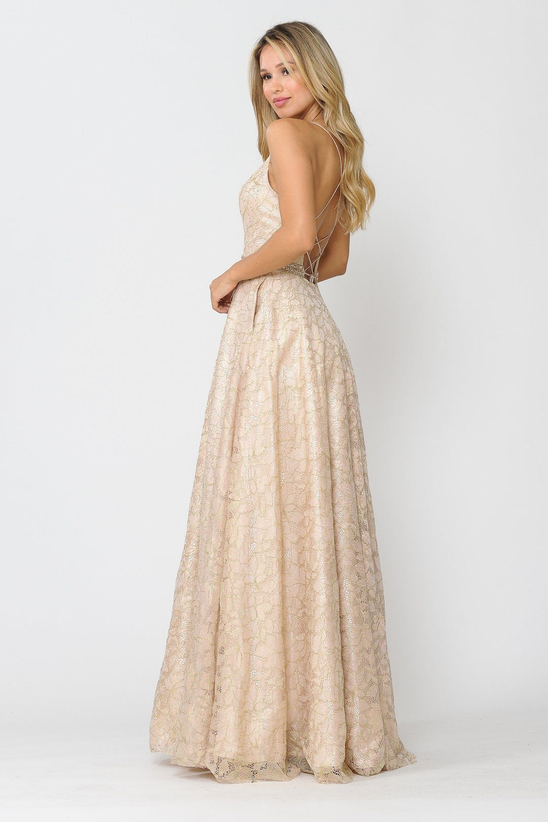 Long A-line Metallic Floral Lace Dress by Poly USA 8562