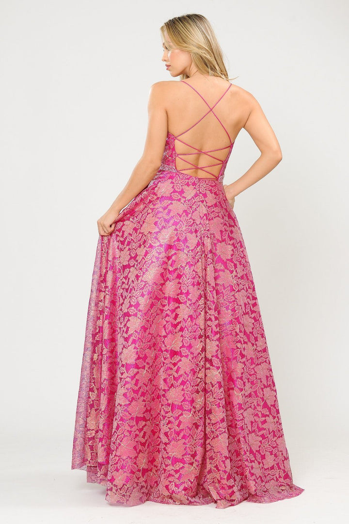 Long A-line Metallic Floral Lace Dress by Poly USA 8562