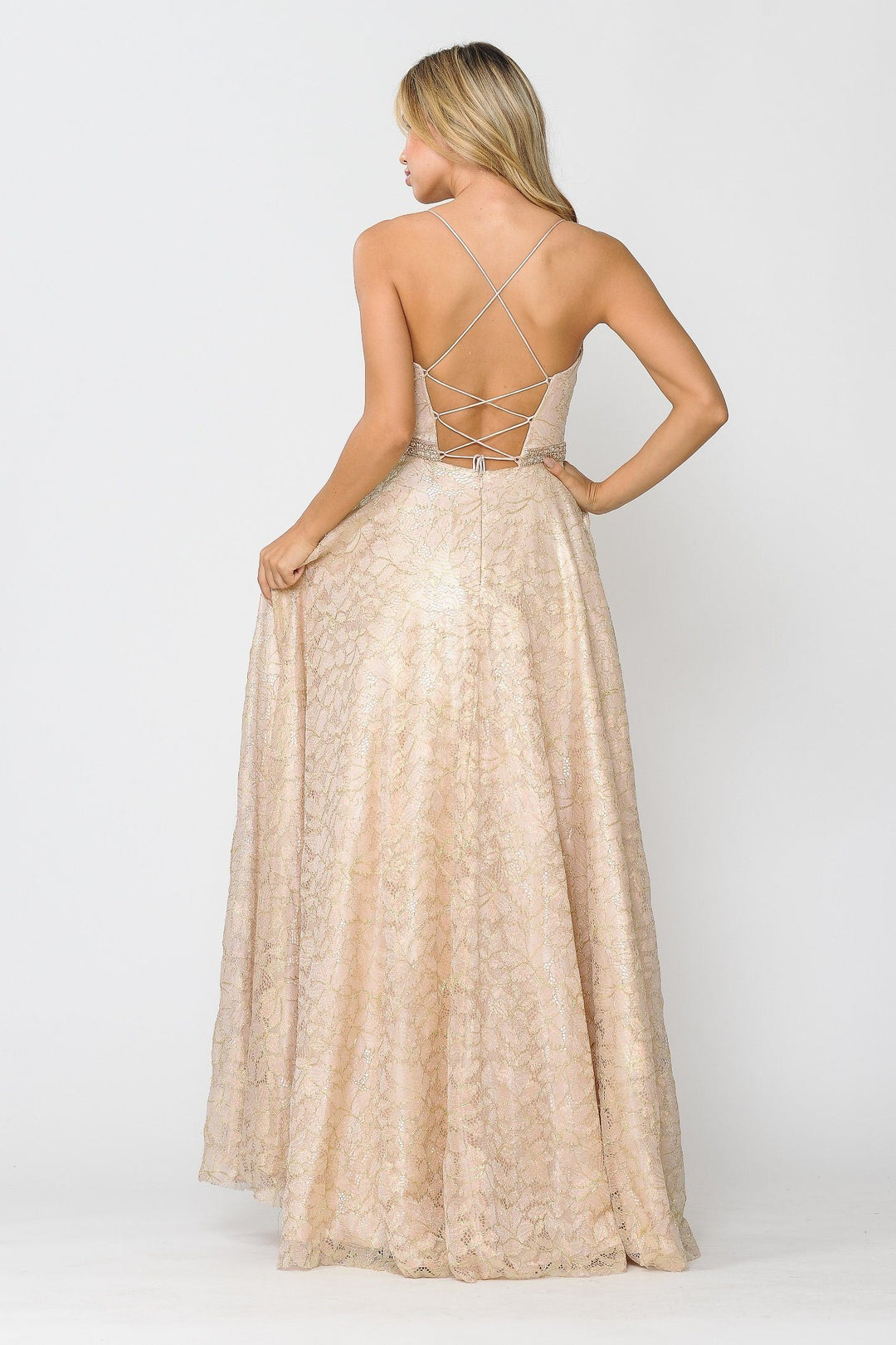 Long A-line Metallic Floral Lace Dress by Poly USA 8562