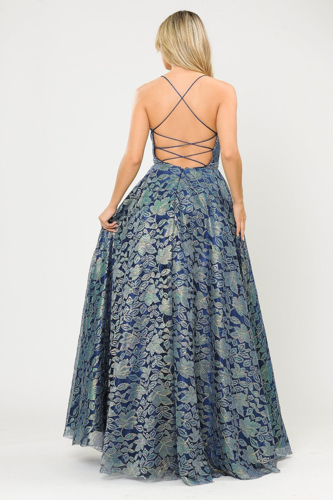 Long A-line Metallic Floral Lace Dress by Poly USA 8562