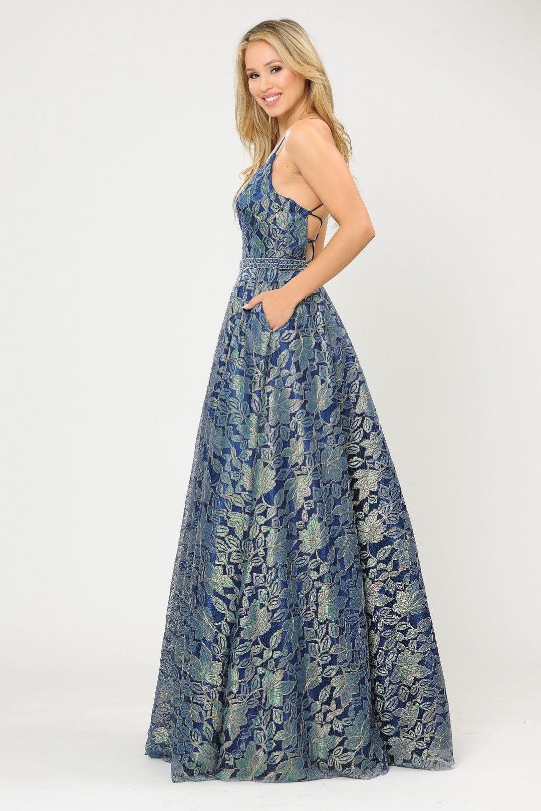 Long A-line Metallic Floral Lace Dress by Poly USA 8562