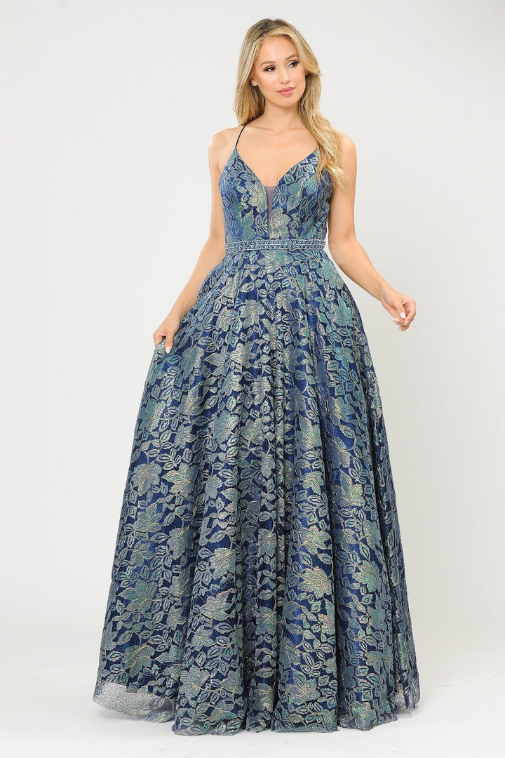 Long A-line Metallic Floral Lace Dress by Poly USA 8562