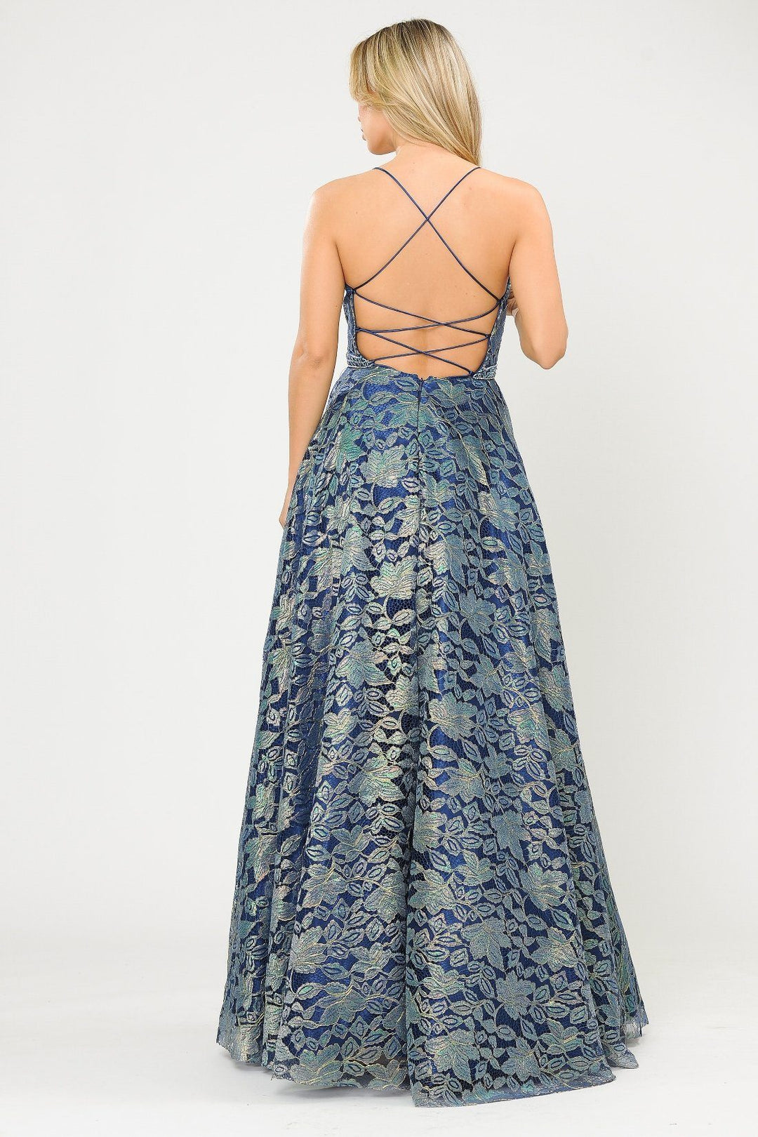 Long A-line Metallic Floral Lace Dress by Poly USA 8562