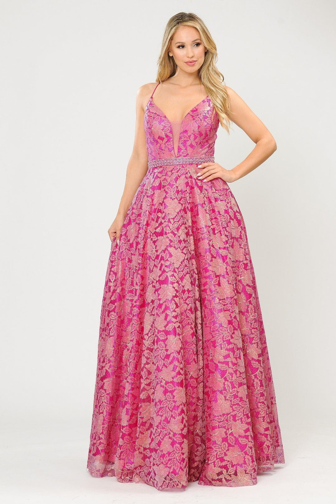 Long A-line Metallic Floral Lace Dress by Poly USA 8562