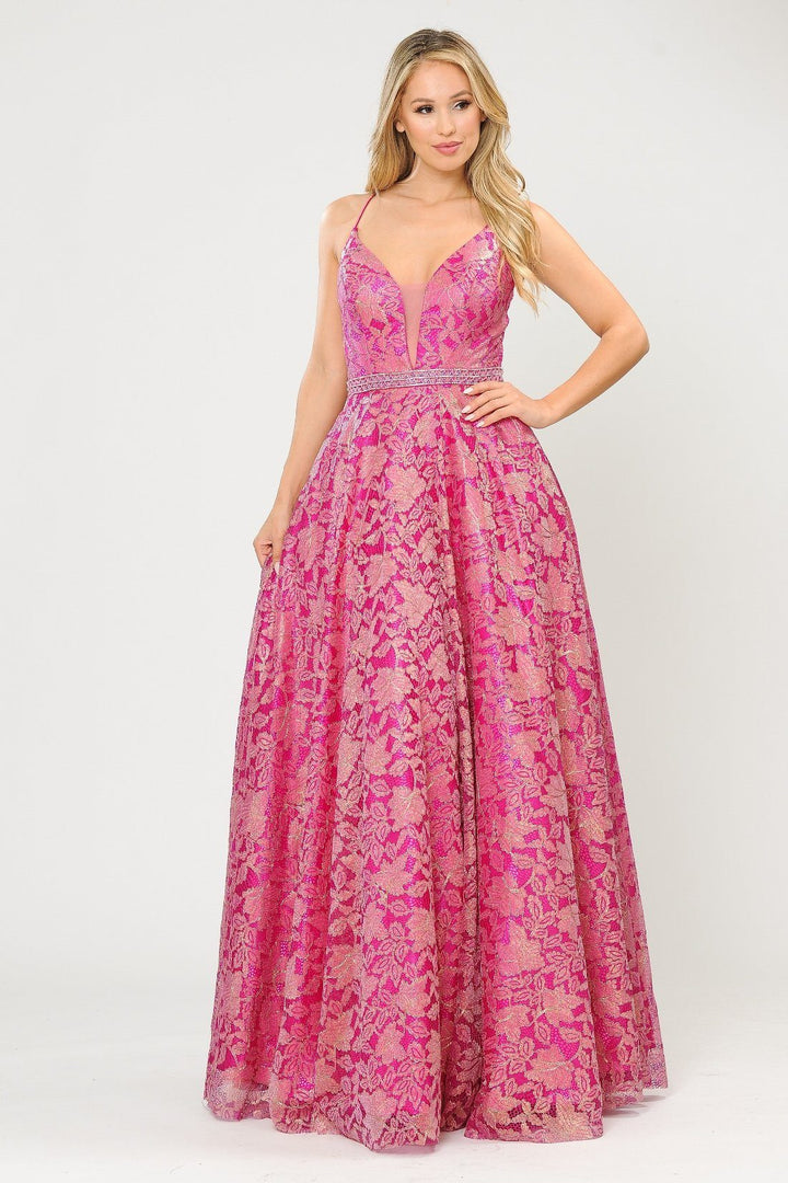 Long A-line Metallic Floral Lace Dress by Poly USA 8562
