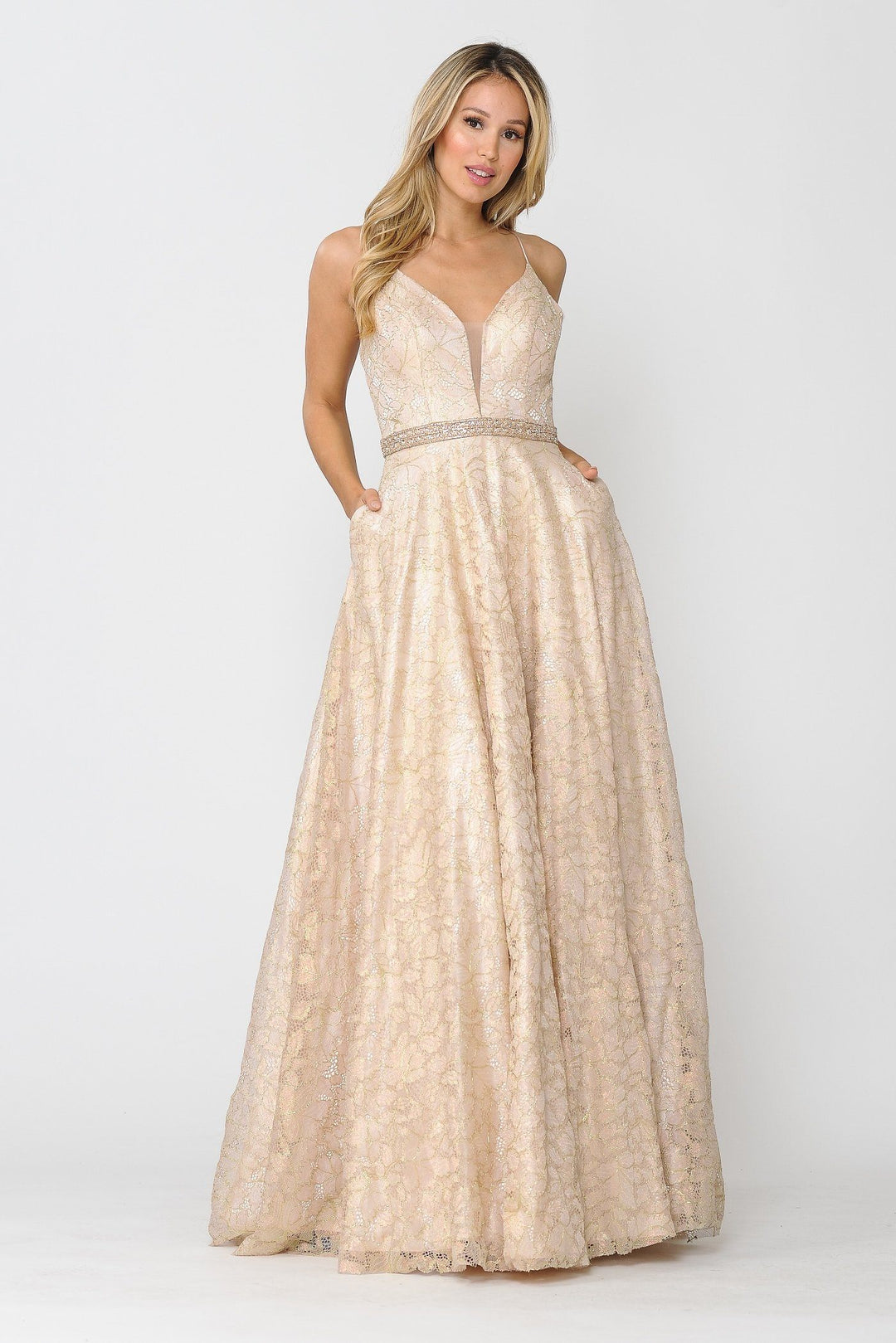 Long A-line Metallic Floral Lace Dress by Poly USA 8562