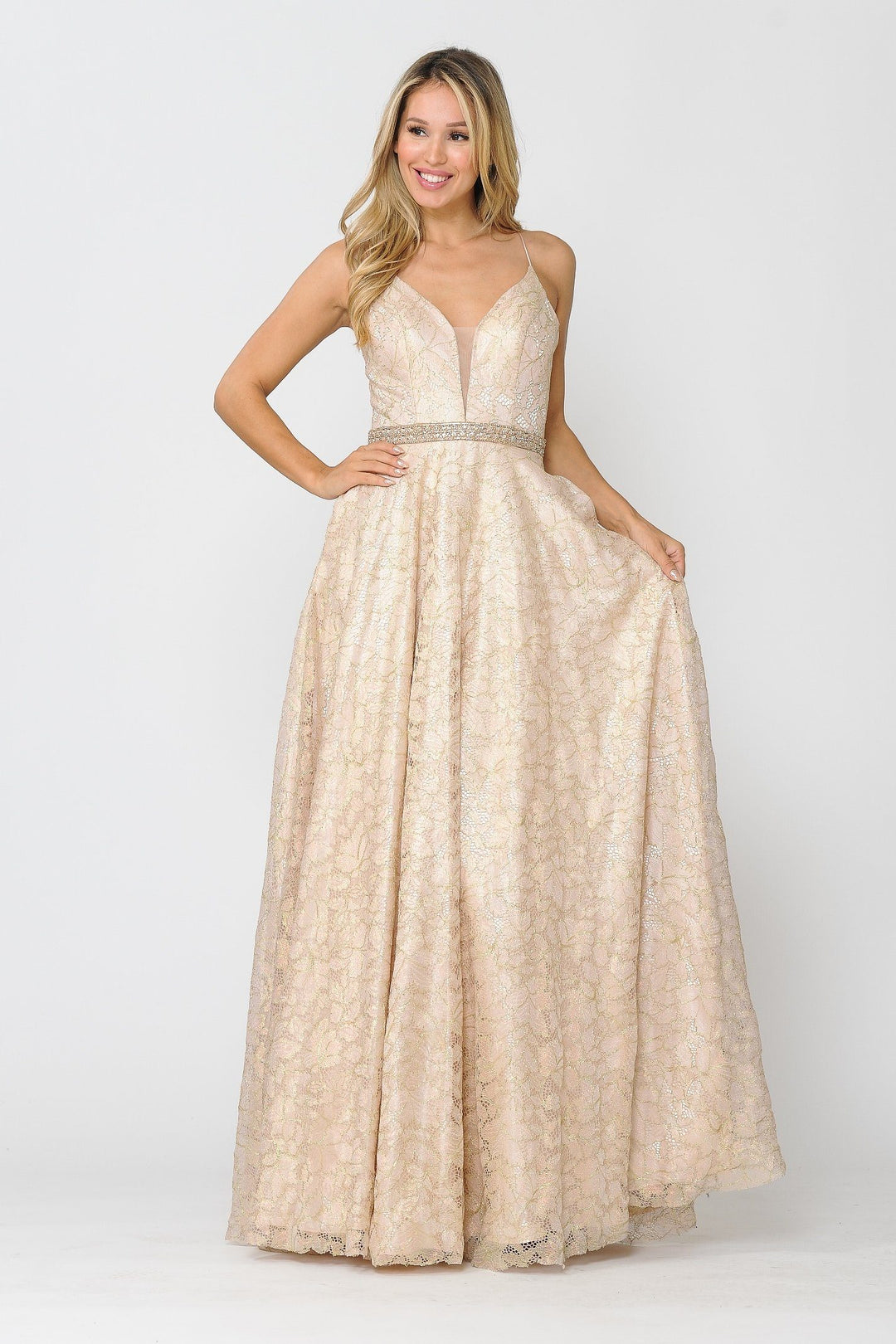 Long A-line Metallic Floral Lace Dress by Poly USA 8562