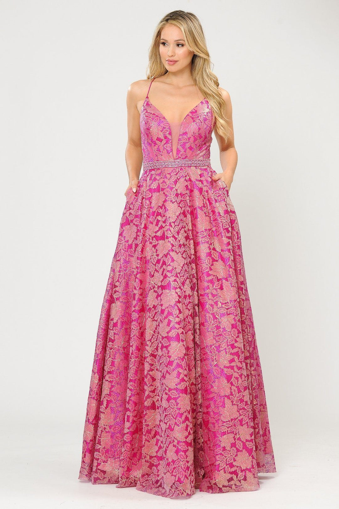 Long A-line Metallic Floral Lace Dress by Poly USA 8562
