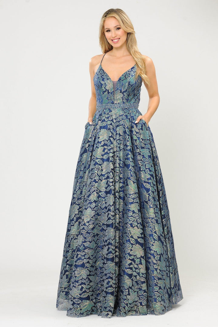 Long A-line Metallic Floral Lace Dress by Poly USA 8562