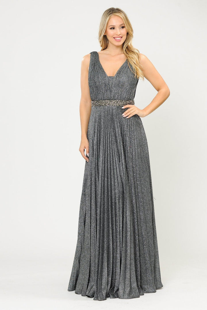 Long A-line Ruched Metallic Glitter Dress by Poly USA 8600