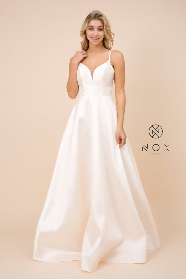 Long A-line Satin Dress with Corset Back by Nox Anabel T406