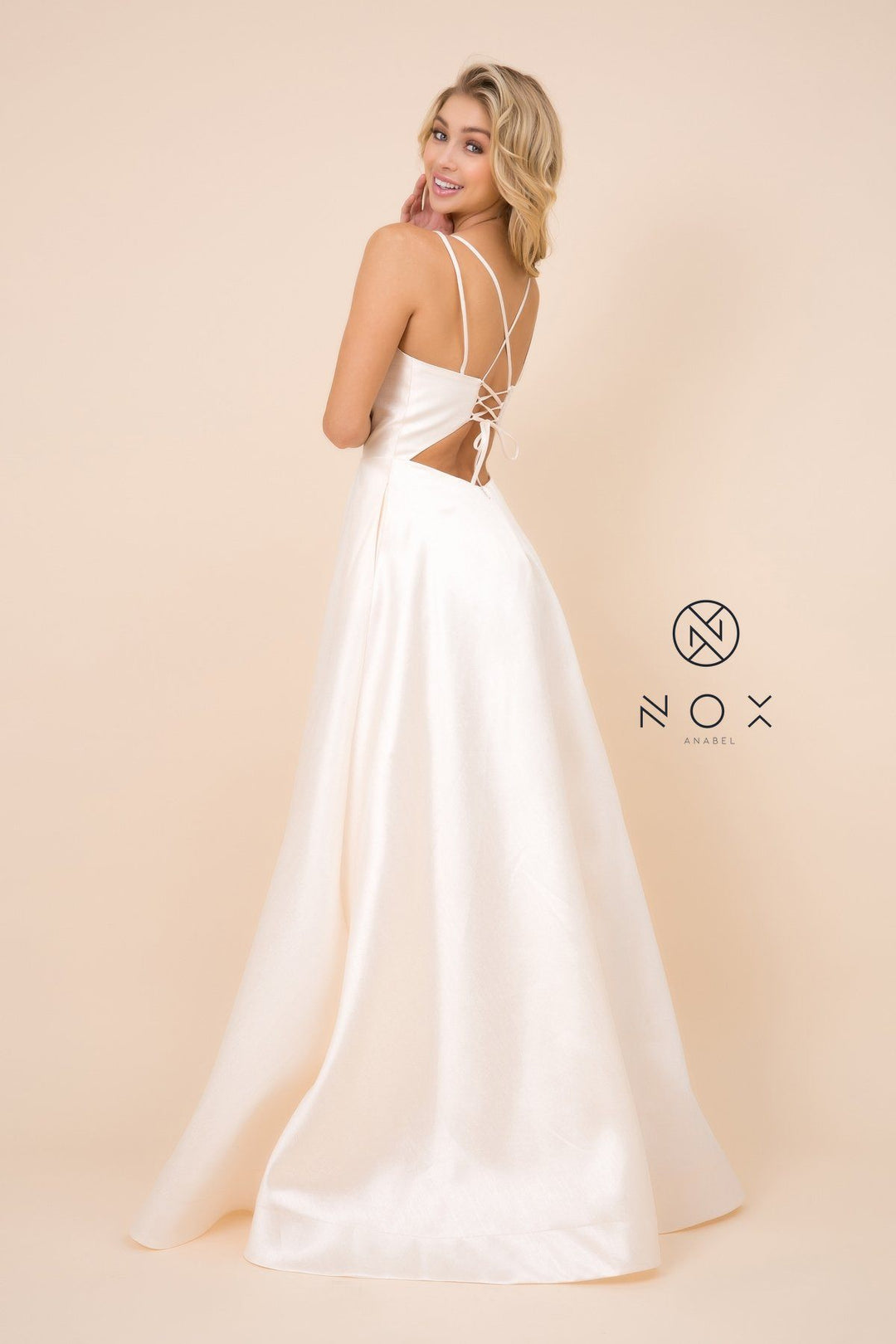Long A-line Satin Dress with Corset Back by Nox Anabel T406