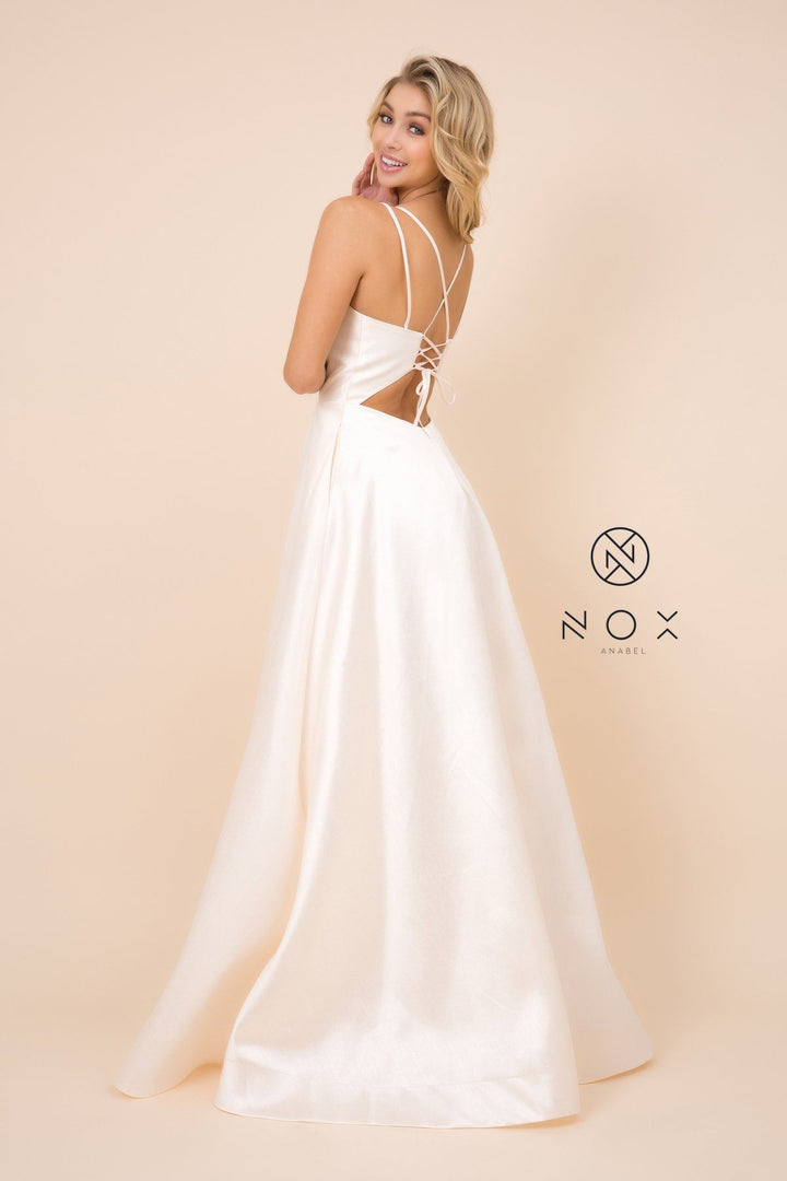 Long A-line Satin Dress with Corset Back by Nox Anabel T406